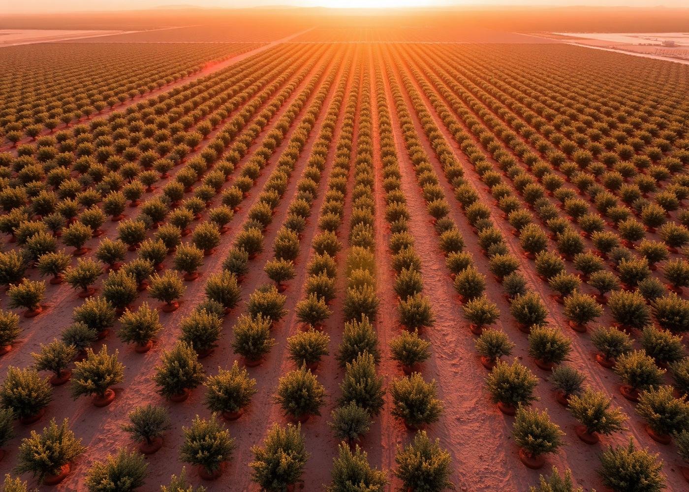 Aerial view of citrus farm at sunrise