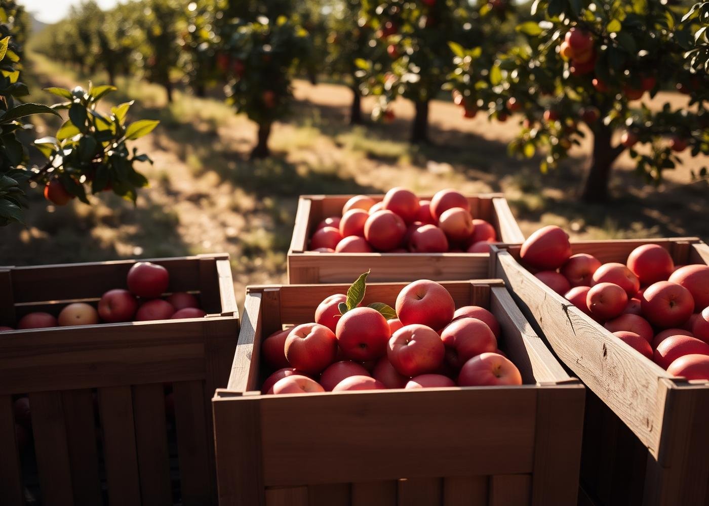 Freshly harvested apples in wooden crates
